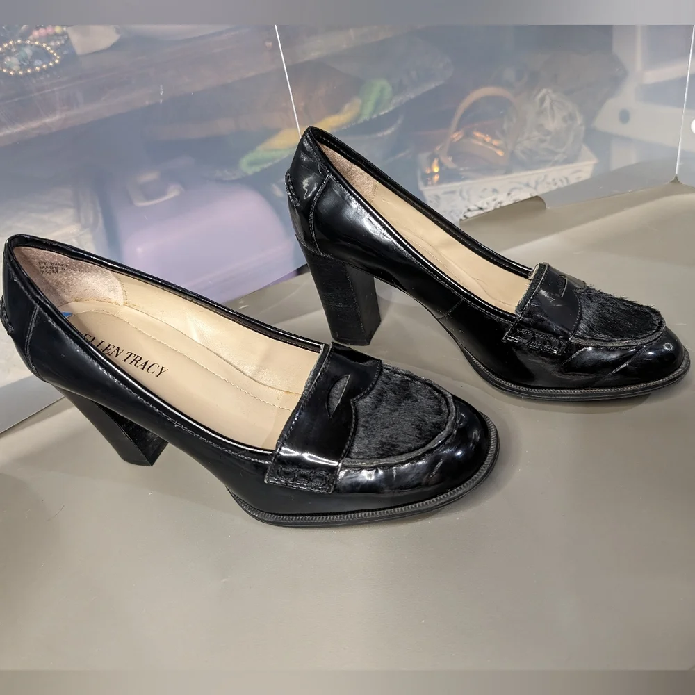 Ellen Tracy 7.5 calf hyde toe patent leather penny loafer pumps‎ 3